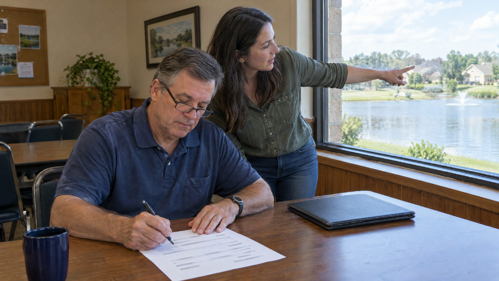 **One line, one owner.** The pond gets a budget line and a name in the minutes. A board treasurer at a clubhouse table writing a new line on a printed budget draft while another board member points through the window toward a pond