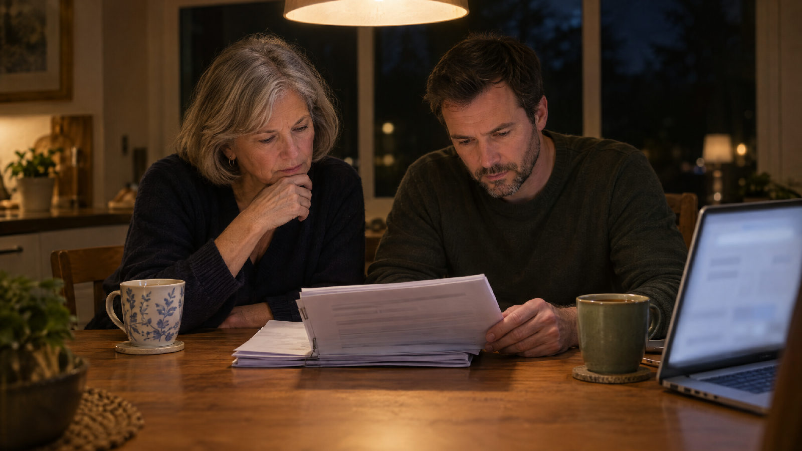 **Recorded, not filed.** The agreement lives at the Register of Deeds, not in the board binder. Two board members at a kitchen table at night leaning over a thick stapled document turned away from the camera, a laptop glowing beside them