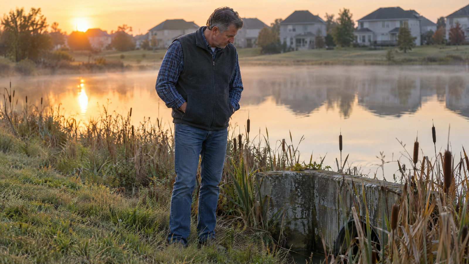 **The pond is not scenery.** It is a piece of equipment the association agreed to keep working. A board member standing at the grassy edge of a neighborhood retention pond at dawn, looking at a concrete outlet structure half hidden by cattails