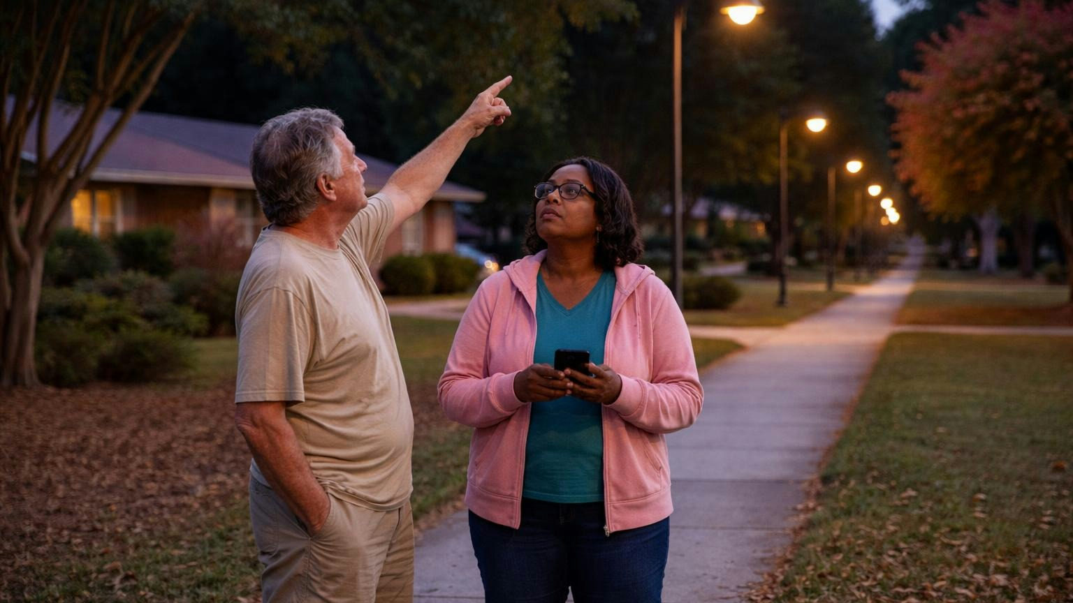 Two neighbors on a sidewalk at dusk, one pointing up at a single dark streetlight in a row of glowing ones while the other holds a phone