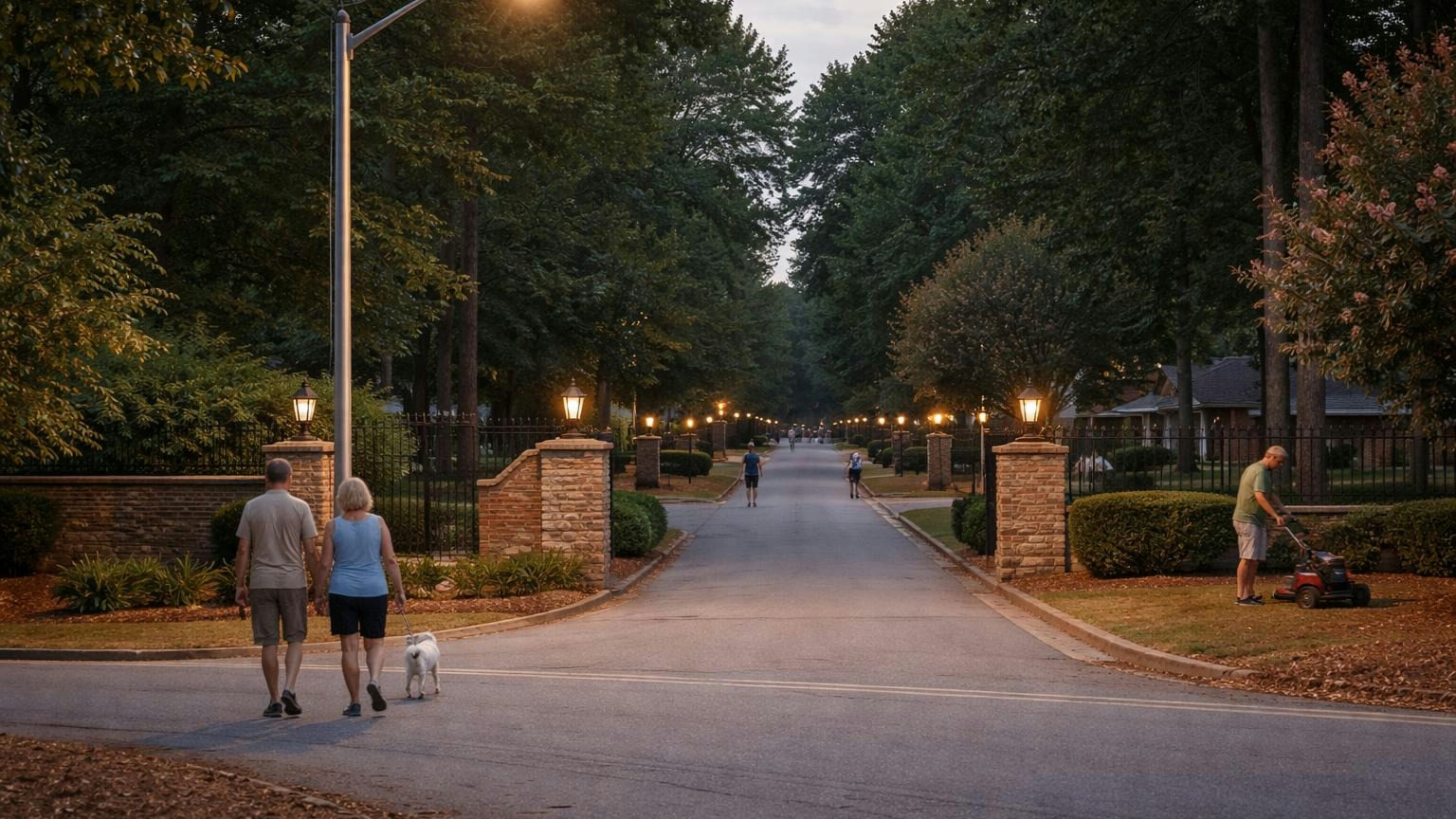Where a public road meets a neighborhood's private entrance drive at twilight, a tall plain cobra-head streetlight on the main road and short black lantern-style poles lining the private drive beyond a stone entrance wall, no readable text