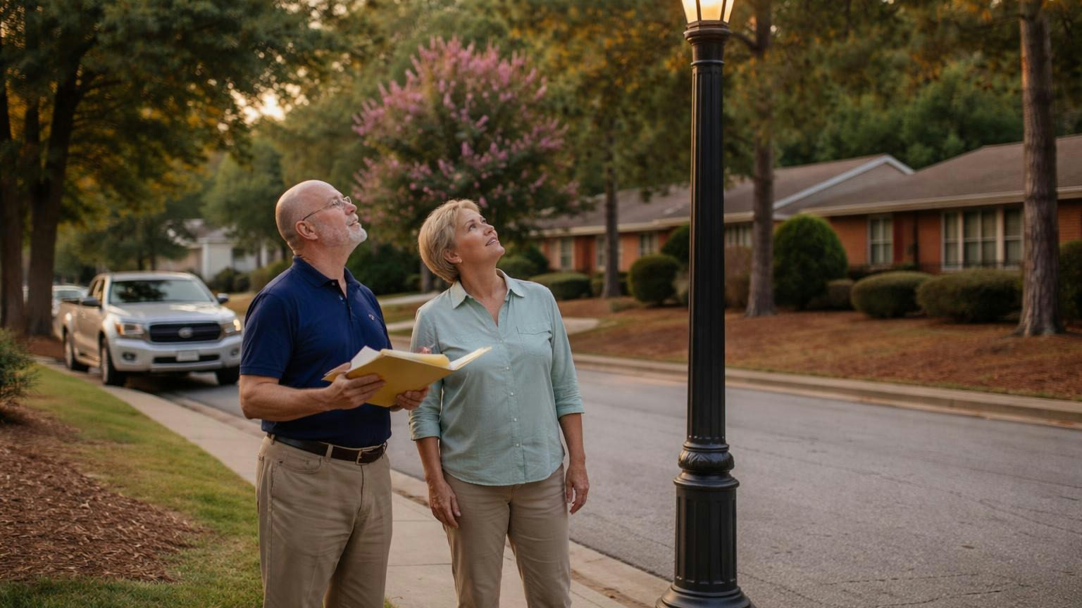 Two board members on a sidewalk at golden hour look up at a tall decorative streetlight pole beside a curb, one holding a folder of papers, a parked pickup truck nearby, no readable text