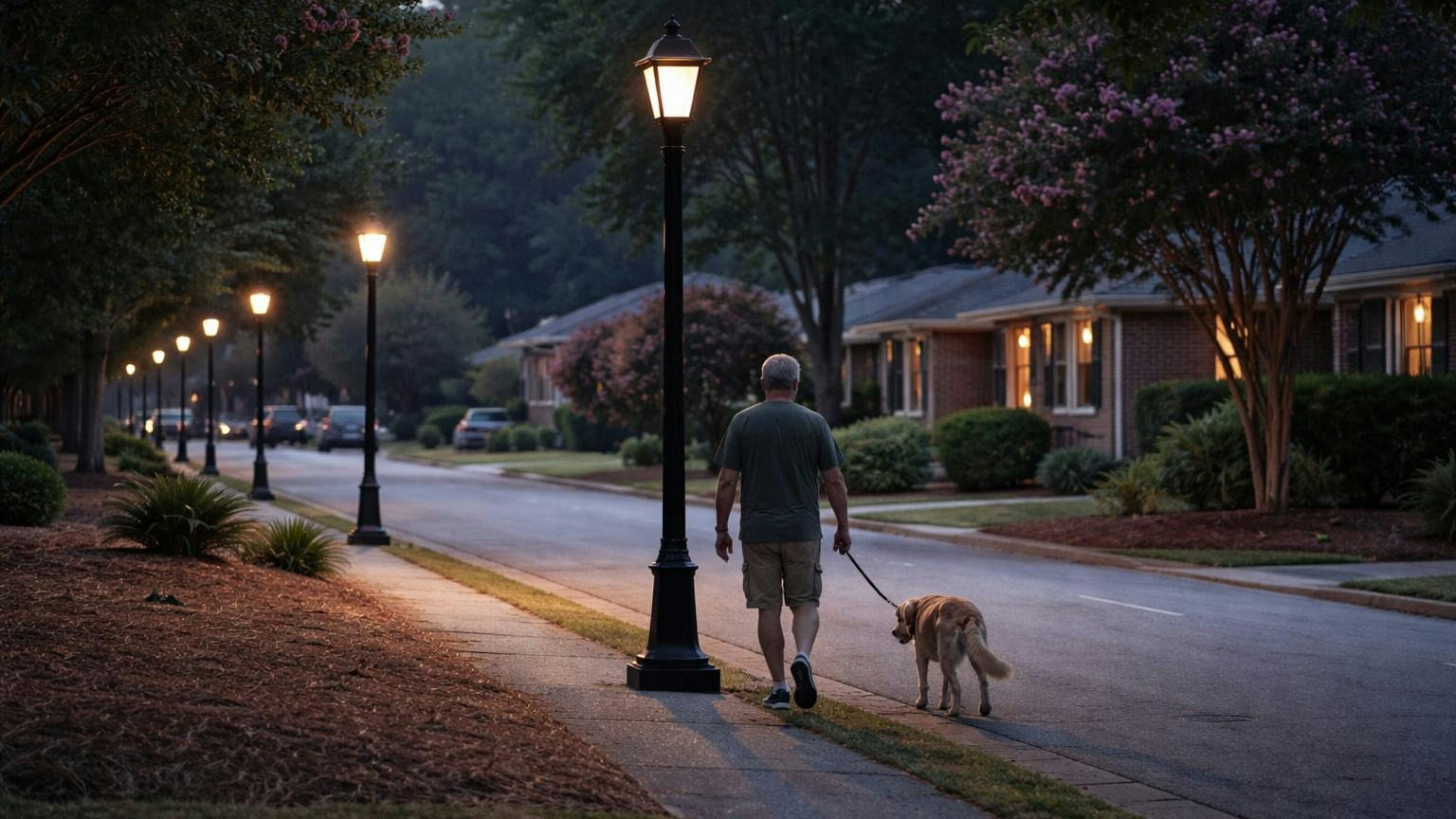 A quiet suburban street at dusk with a row of decorative streetlight poles along the sidewalk, every light glowing warm except one dark pole in the middle of the row, a neighbor walking a dog beneath it, no readable text
