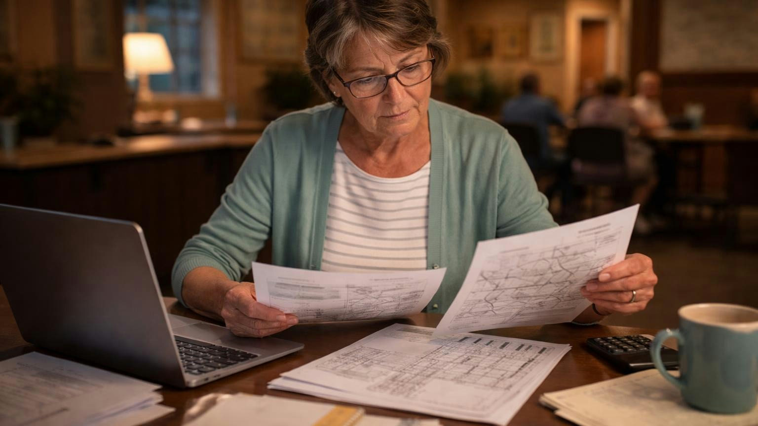 A board treasurer at a clubhouse desk in the evening compares a printed utility bill with a hand-drawn neighborhood street sketch, a laptop glowing softly beside them, every page shown as soft grey bars, no readable text