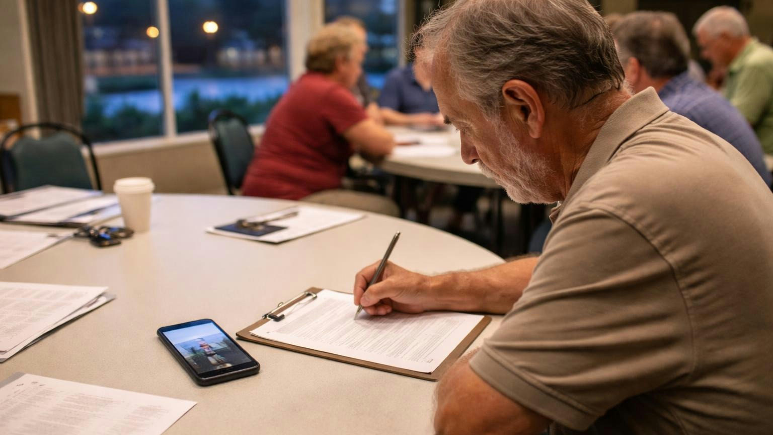 A board member at a clubhouse table in the evening fills in a printed table on a clipboard, a phone beside it showing a photo of a streetlight pole, window behind showing streetlights coming on, the table drawn as blank grey rows, no readable text
