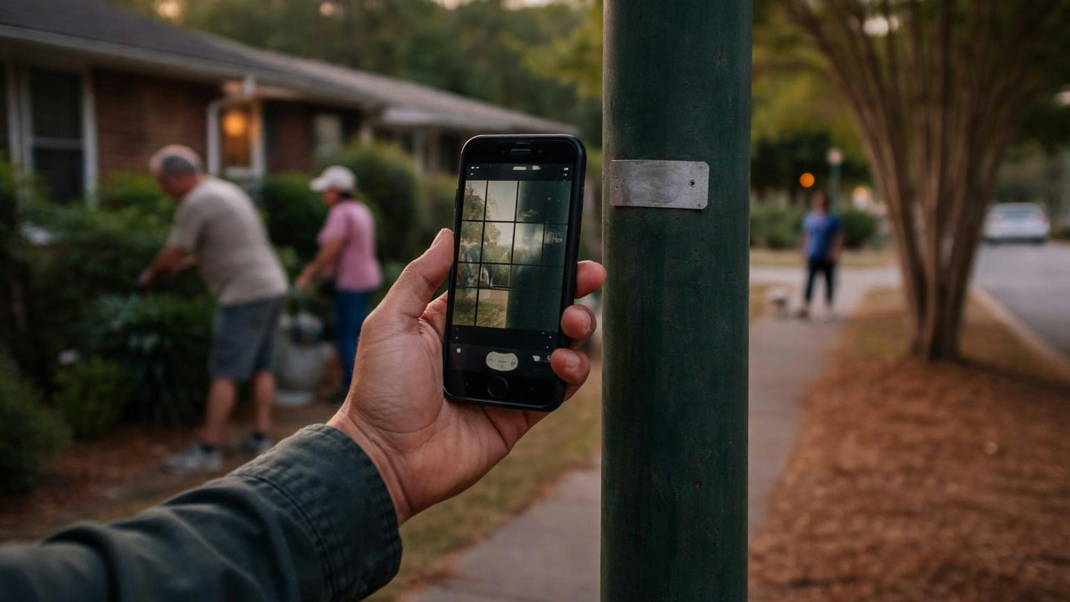 A person's hand holds a phone up to photograph a small metal tag on a green streetlight pole about chest height, the tag's markings soft and out of focus, evening light, no readable text