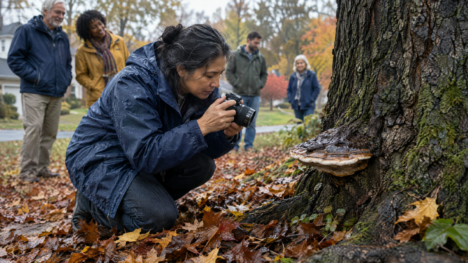 A board member in a rain jacket kneeling at the base of a large oak, photographing a shelf-like fungus growing from the bark near the roots