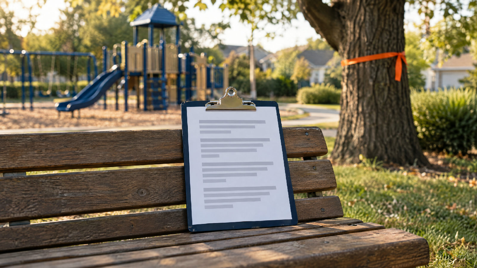 A clipboard log page resting on a park bench beside a playground, with a mature tree and an orange marking ribbon tied around its trunk in the background