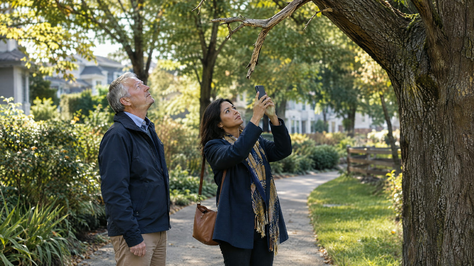 Two board members under a tall tree on a paved walking path, one looking up at a dead branch overhead, the other photographing the path beneath it