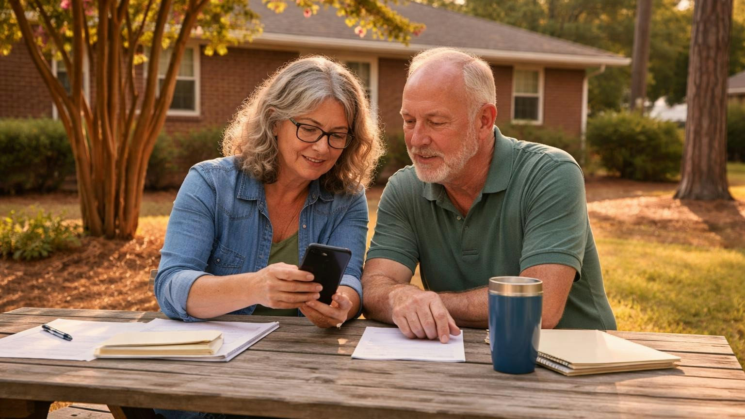 Two board members at a picnic table under a crape myrtle in a Carolina backyard at golden hour, one turning a phone so both can look, a brick ranch house and pine straw beds behind