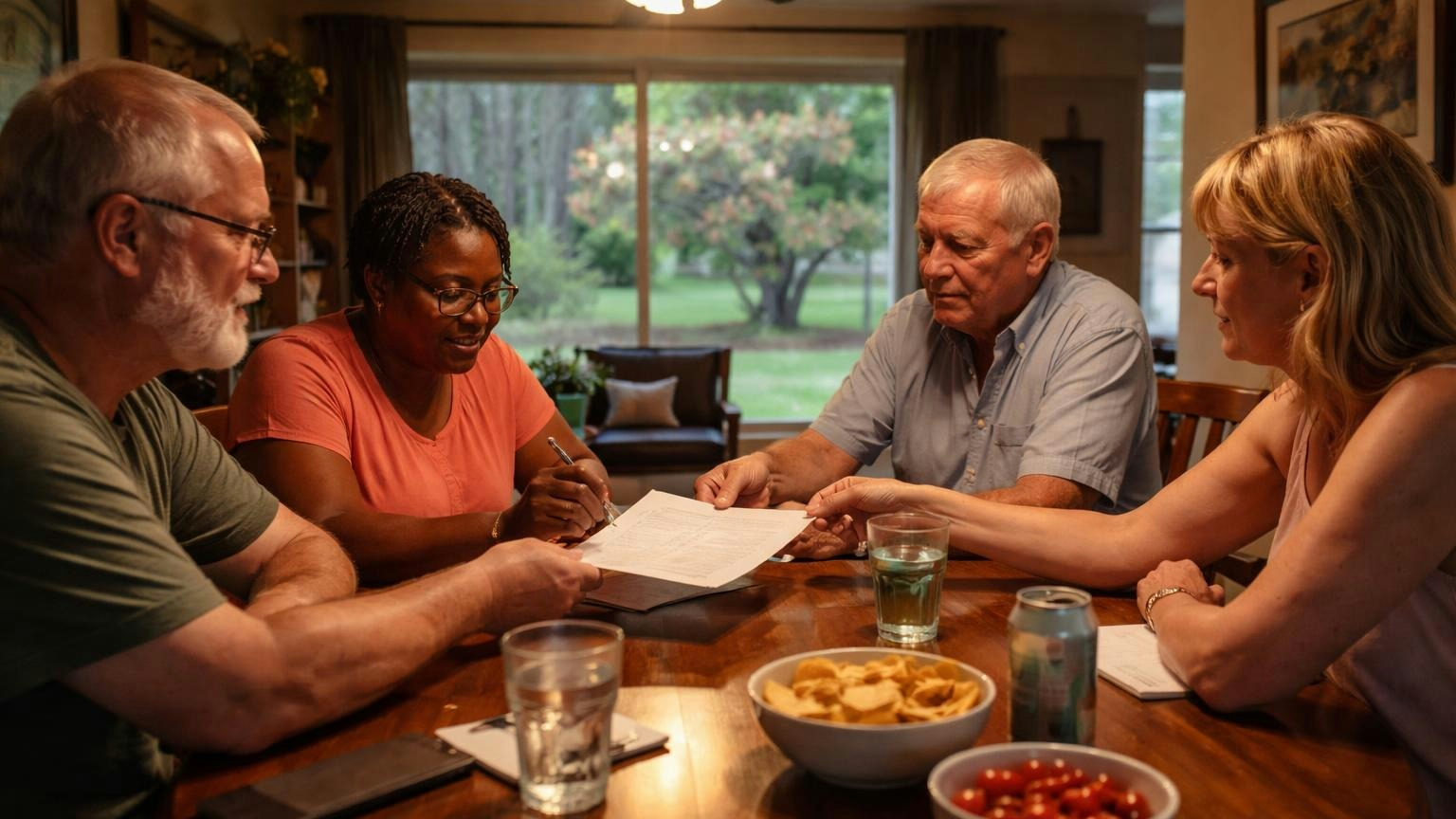 Four neighbors around a dining room table on a summer evening, a single page passed from hand to hand as each adds initials in turn, a ceiling fan overhead, loose illegible pen strokes only, no readable text