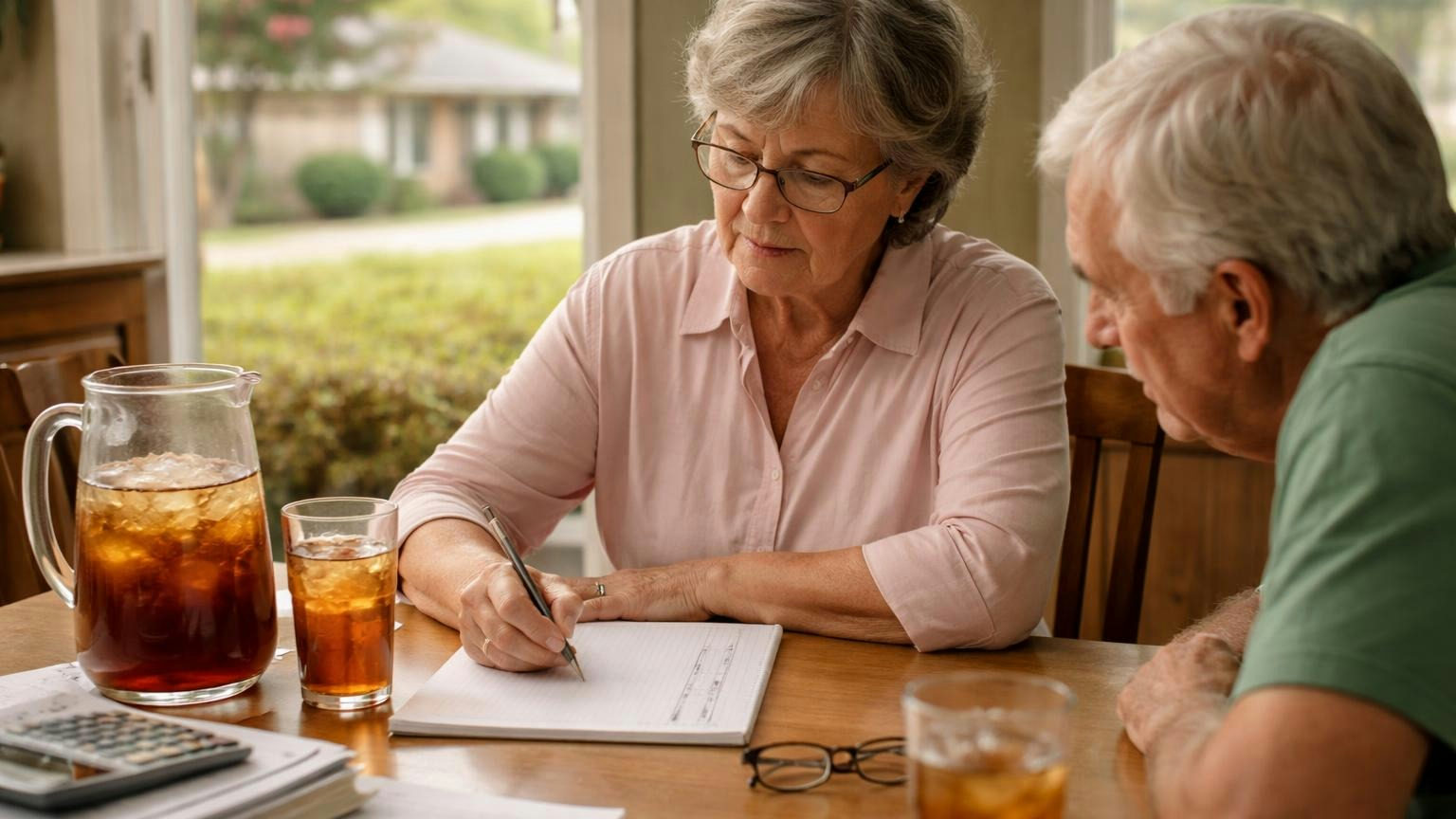 A treasurer in her sixties at a kitchen table making a small pen mark beside a column of blank lines while the board member across from her leans in to look, a pitcher of sweet tea between them, loose illegible pen strokes only, no readable text