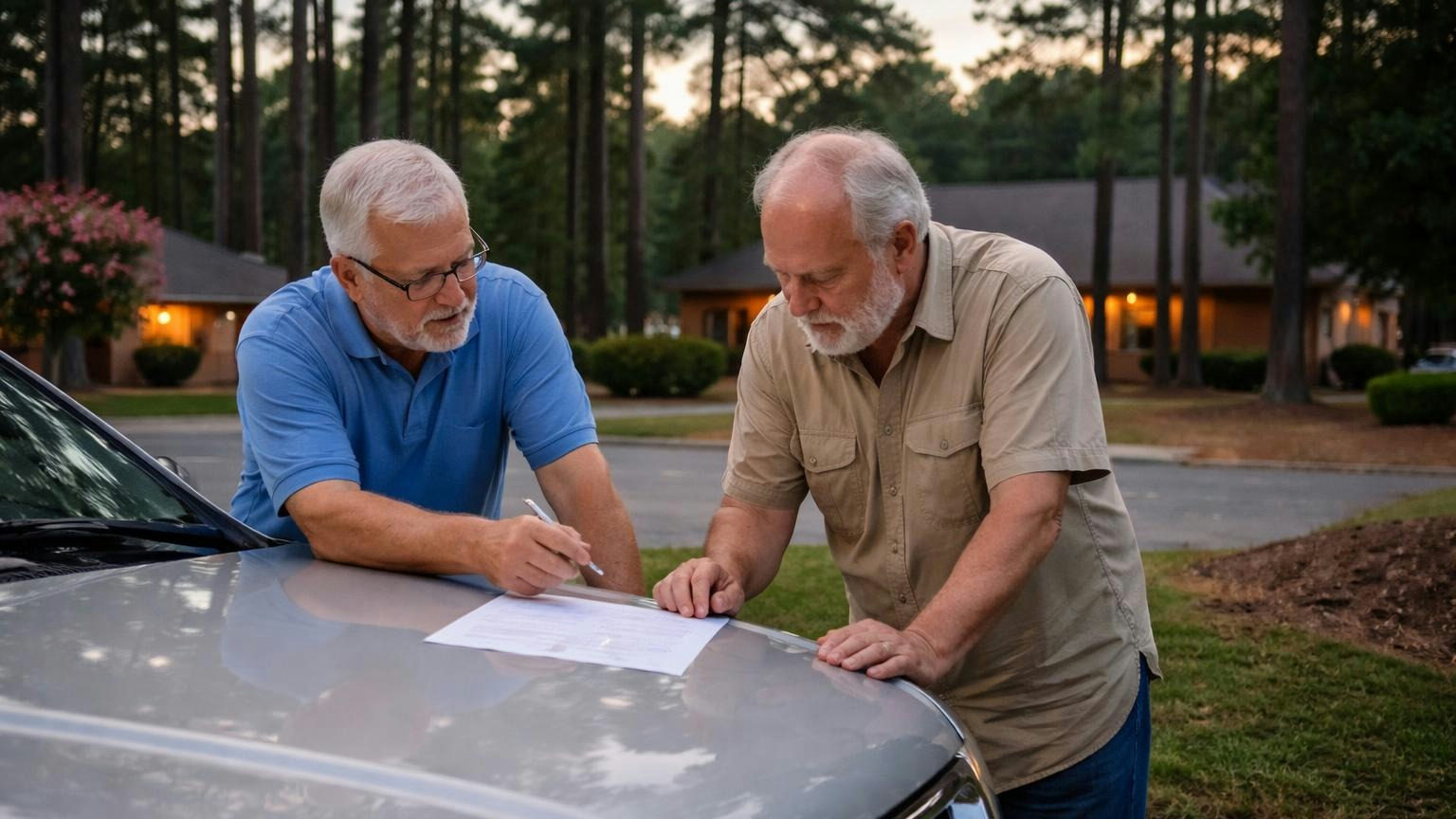 Two board members beside a pickup truck in a church parking lot at dusk, one holding a pen out to the other over a single page laid on the hood, tall pines behind them, loose illegible pen strokes only, no readable text