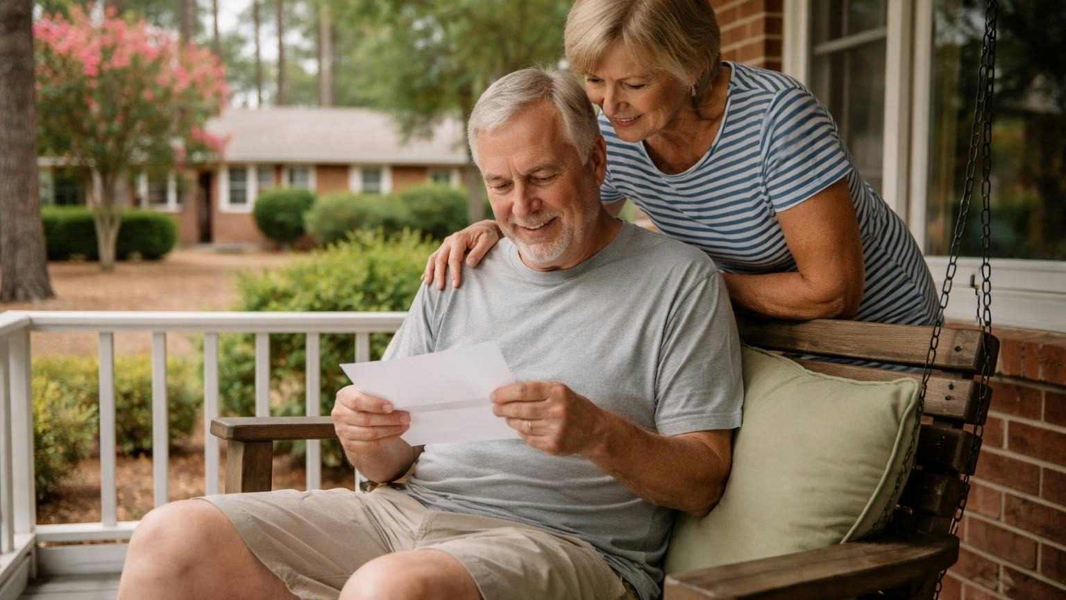 A retired neighbor on the porch swing of a brick ranch home in the morning opening a plain envelope while his wife leans over his shoulder, pine straw beds beyond the railing, no readable text