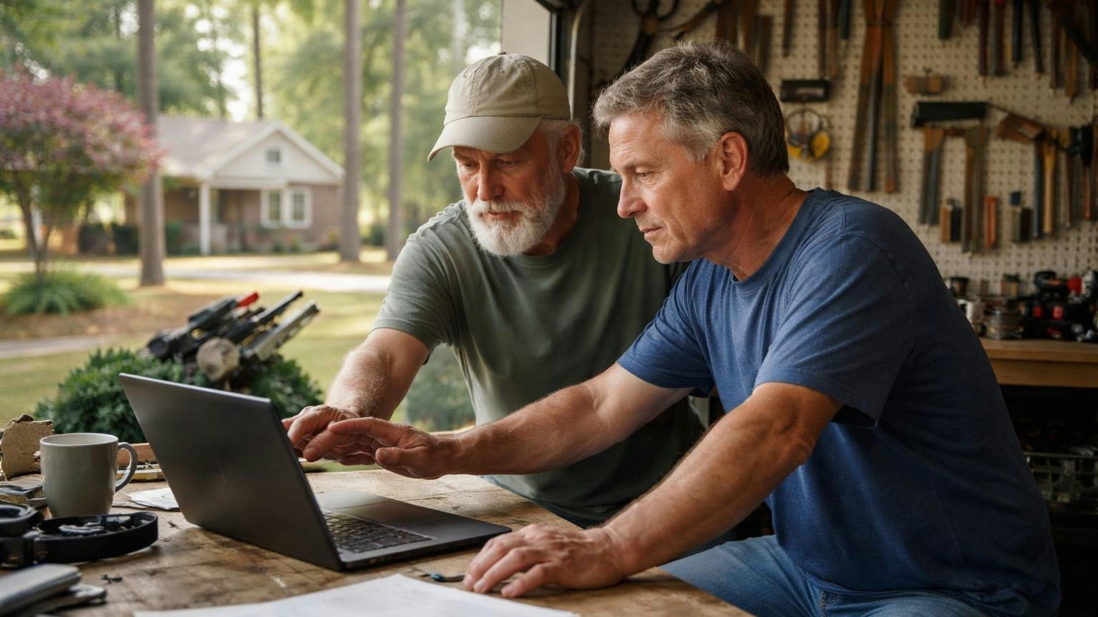 Two neighbors at a garage workbench in late afternoon, one gently stopping the other's hand above a laptop whose screen is turned away from the camera, a lawn mower and a pegboard of tools behind, no readable text