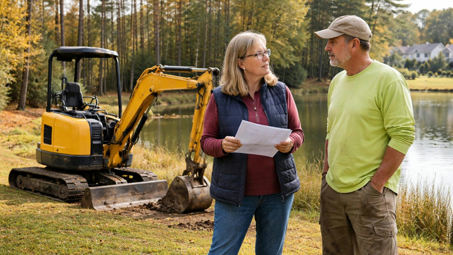 A board member and an excavation contractor talking beside a plain yellow mini excavator at the edge of a common-area retention pond on a bright fall morning, a folded sheet in her hand, tall pines behind, no readable text