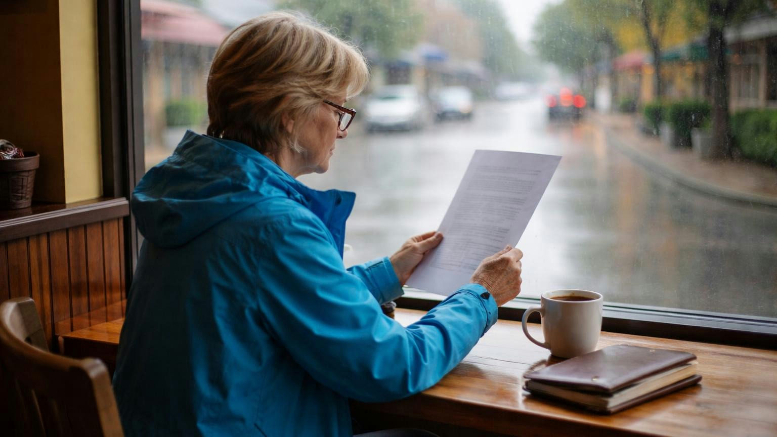 **Five minutes with a coffee.** The end date is the line nobody looks at again unless someone owns it. A board member in a rain jacket at a window table in a small-town coffee shop on a wet weekday morning, reading a single sheet held up with its back to the camera, a rainy main street blurred behind the glass, no readable text