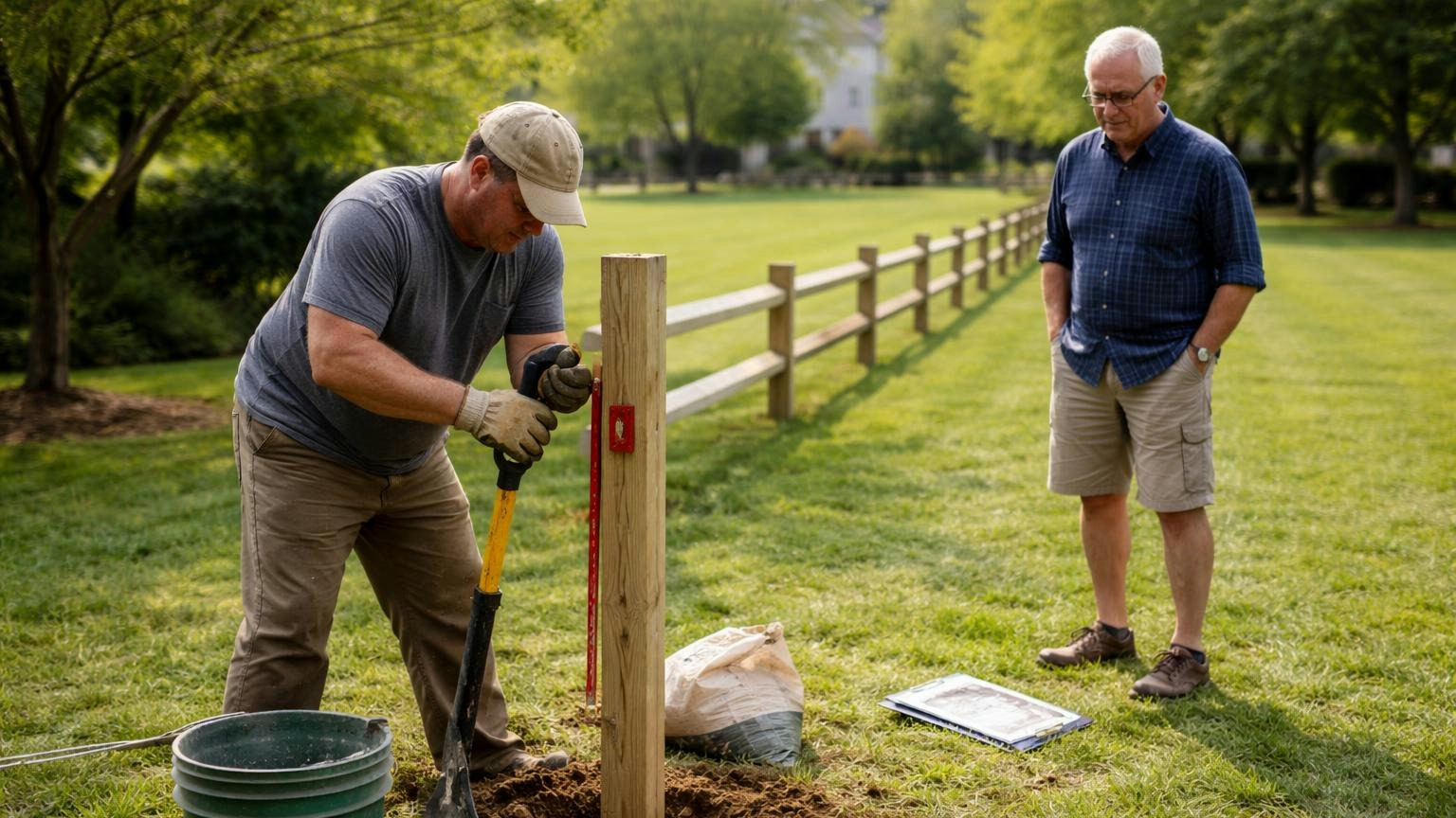 **Work starts on paper first.** The vendor gets the job; the file gets the certificate. A fence installer setting a new wooden post at the edge of a common-area lawn on a bright afternoon while a board member watches from a few steps back, a row of finished split-rail fence behind them, no readable text
