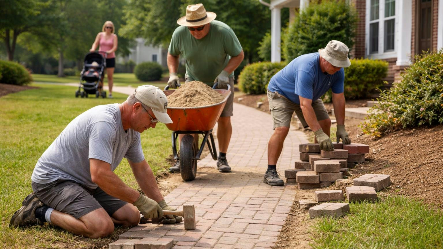 **Who covers whom.** Workers' comp is the vendor's people; general liability is everyone else. A three-person masonry crew in work gloves resetting brick pavers along a walkway beside a community clubhouse on a hot summer morning, one kneeling, one wheeling a barrow of sand, a resident with a stroller passing on the grass, no readable text