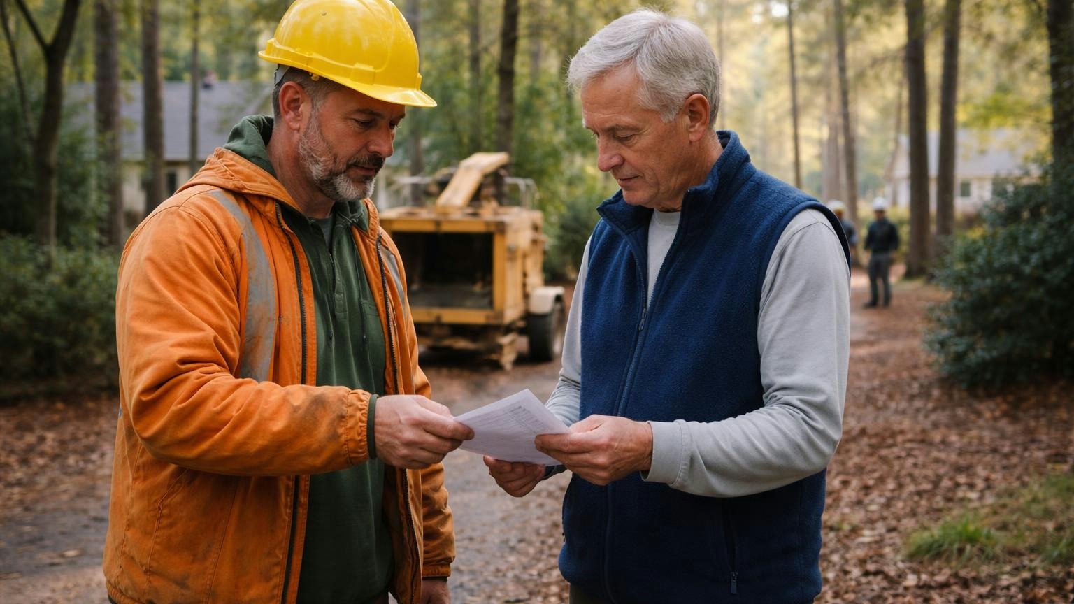 **Before the first cut.** The paper changes hands at the curb, not after something goes wrong. A tree crew foreman in a hard hat and a board member in a fleece vest standing at the edge of a wooded common-area path on a cool morning, a wood chipper behind them, the foreman passing a folded sheet across, no readable text