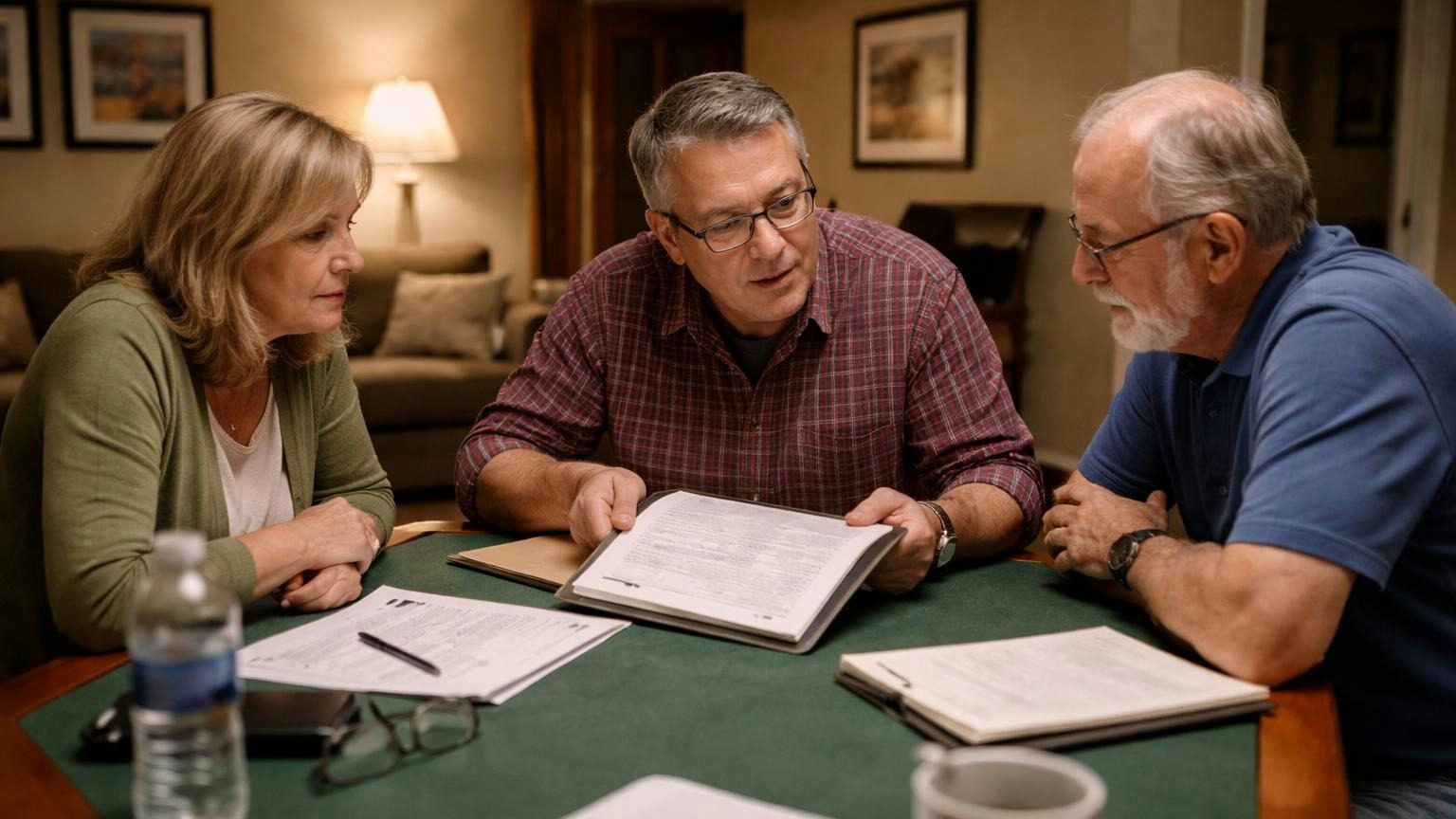 **Once a quarter.** Ten minutes with the register, and nothing expires quietly. Three board members around a card table in a finished basement rec room on a weeknight, one turning a slim open folder toward the other two as they lean in, a floor lamp glowing and a sofa behind them, no readable text