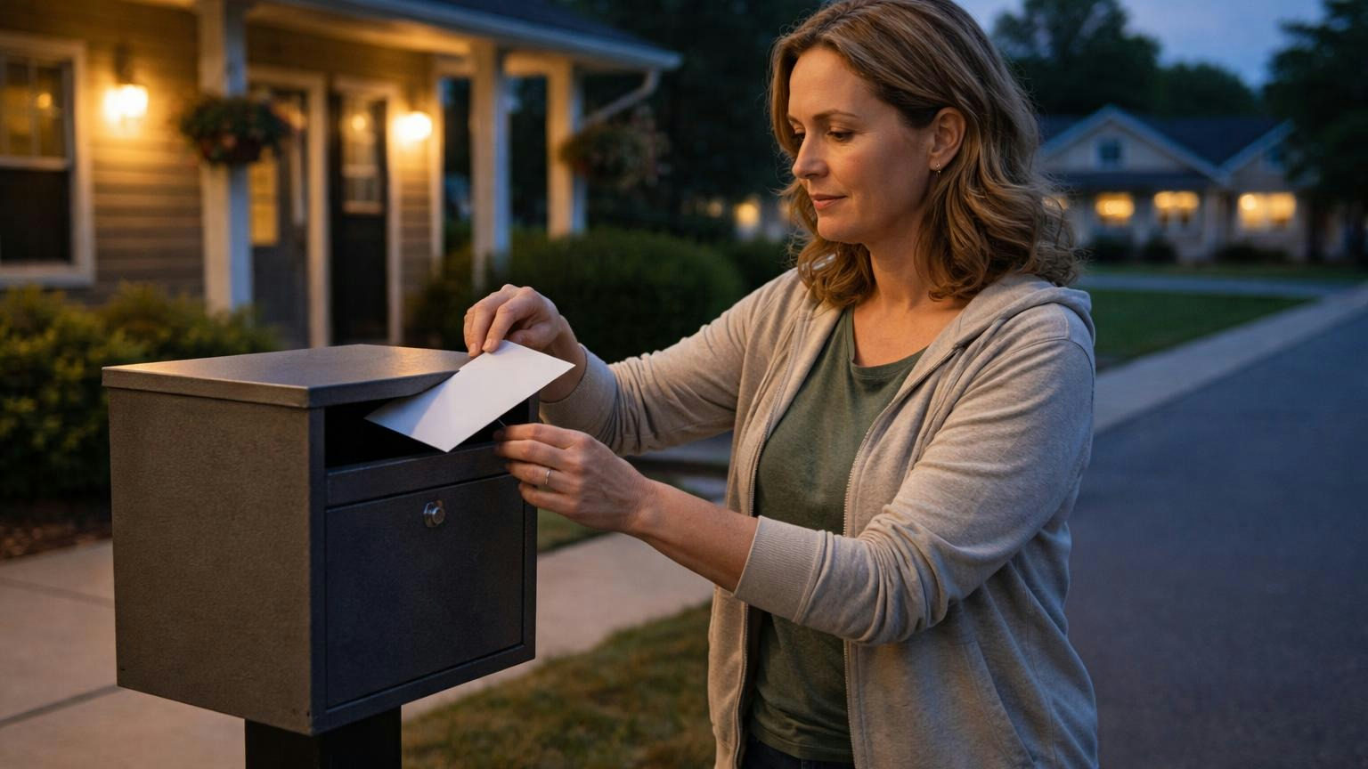 A homeowner at dusk sliding a sealed envelope into a locked metal drop box outside a community clubhouse whose windows are dark, a quiet street of houses behind her