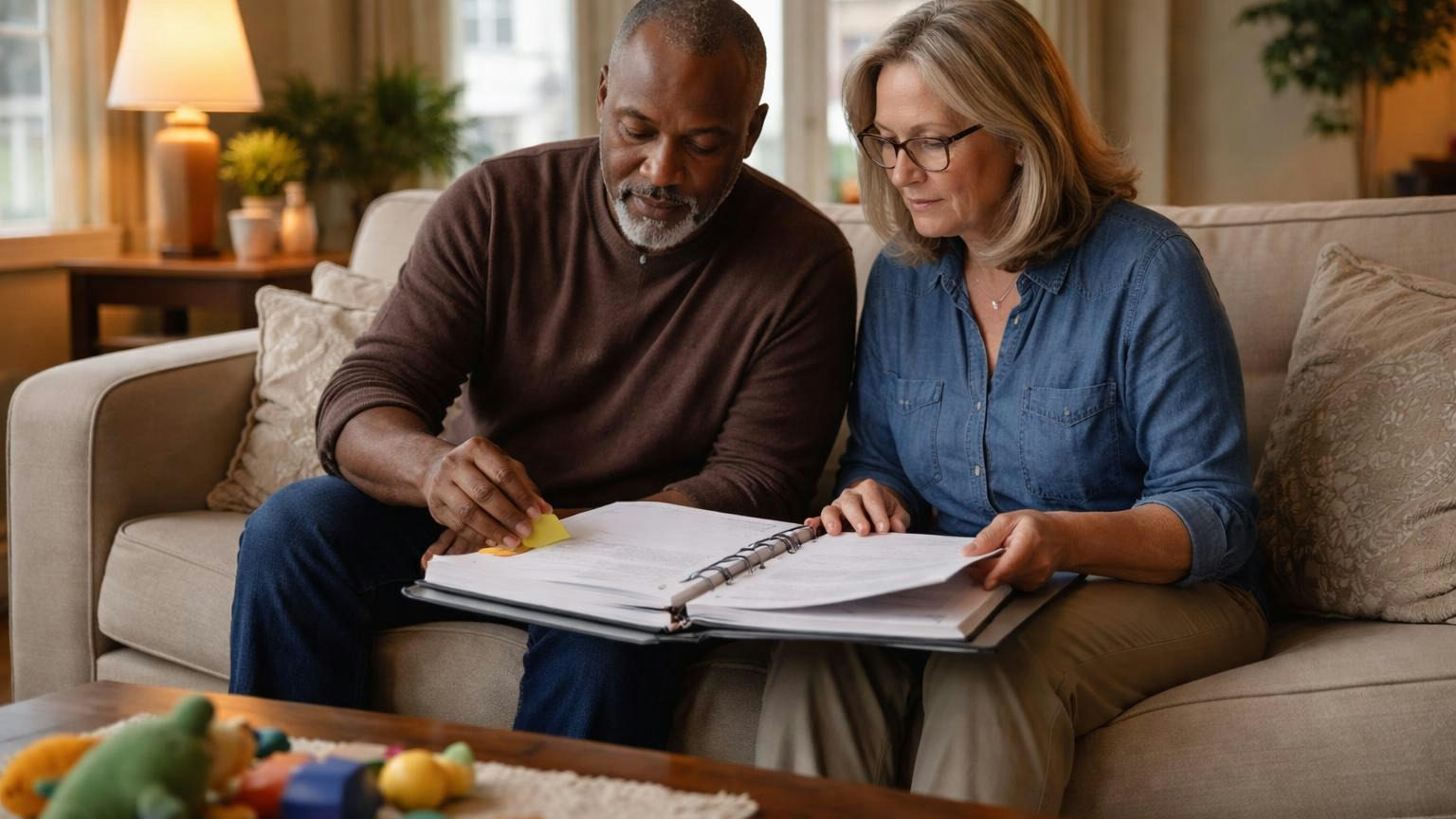 **The answer is in the binder.** Find the section number before the next decision. Two board members side by side on a living-room sofa on a Sunday afternoon, a thick binder of governing documents across their laps, one marking a page with a blank sticky tab while the other reads