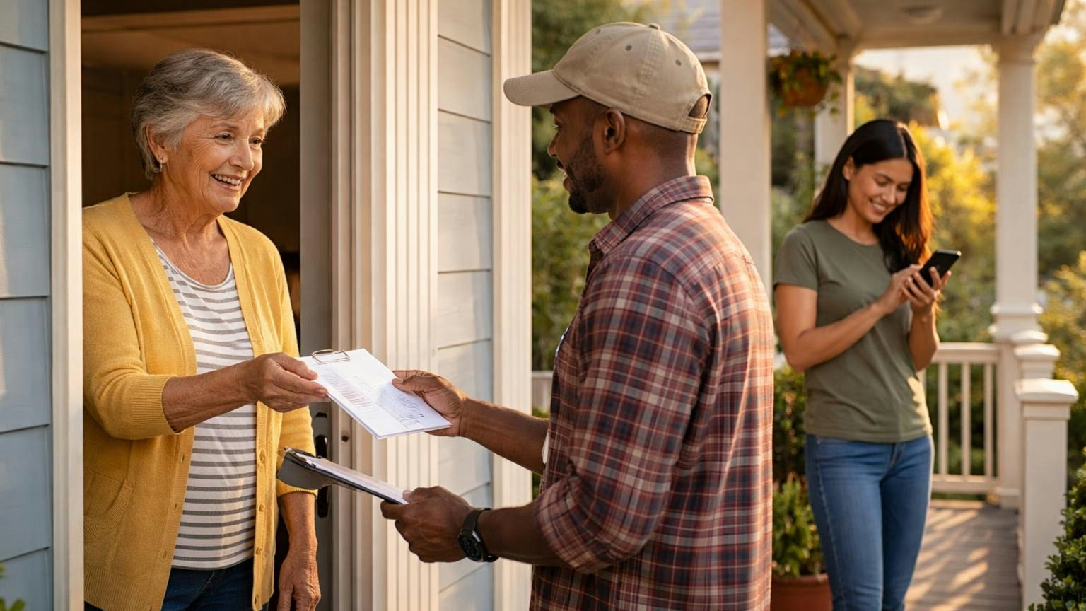 **Two ways in.** Virginia requires a reasonable alternative for anyone who does not want to vote electronically. An older homeowner at a front door taking a paper ballot from a board volunteer, while a younger neighbor on the next porch votes on a phone held with its screen turned away, late afternoon