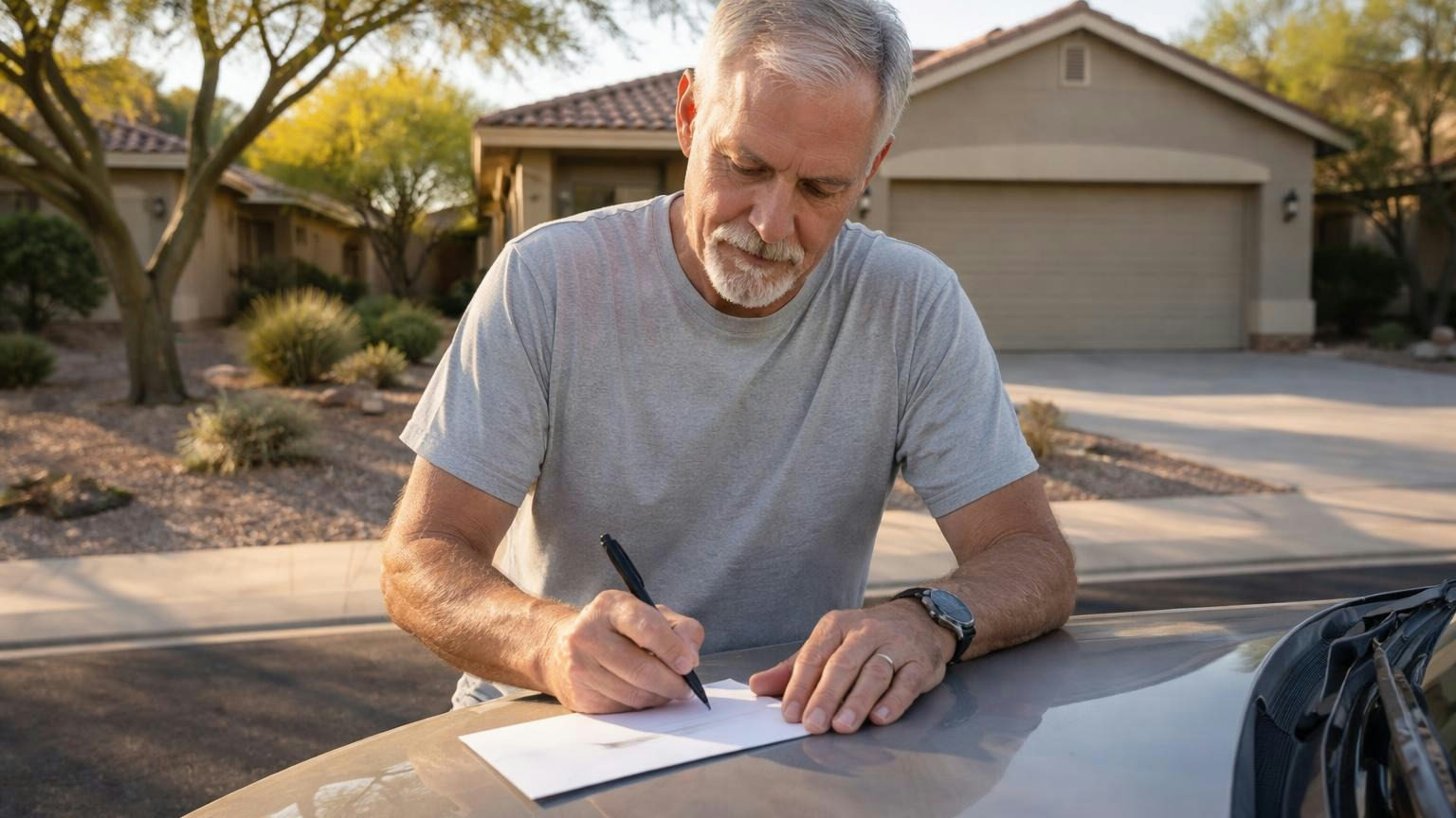 **A vote, not a proxy.** In Arizona the owner signs and sends the ballot, and no one votes in their place. A homeowner in a gravel desert front yard signing the back of a sealed envelope on the hood of his car in morning light, a palo verde tree and a stucco house behind