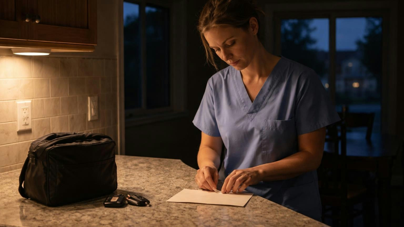 **Voting at 6 a.m.** The late shift still gets a say when the decision travels by ballot. A nurse in scrubs at a dim kitchen counter before dawn sealing a ballot envelope, keys and a lunch bag beside her, a window still dark behind