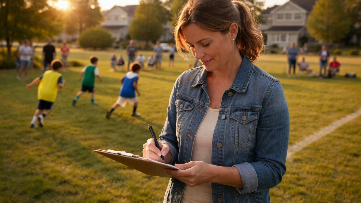 **The ballot travels.** The owner doesn't have to be in the room for the vote to count. A mother on the sideline of a youth soccer field on a weekday evening marking a paper ballot on a clipboard, the page turned away from the camera, children playing behind her