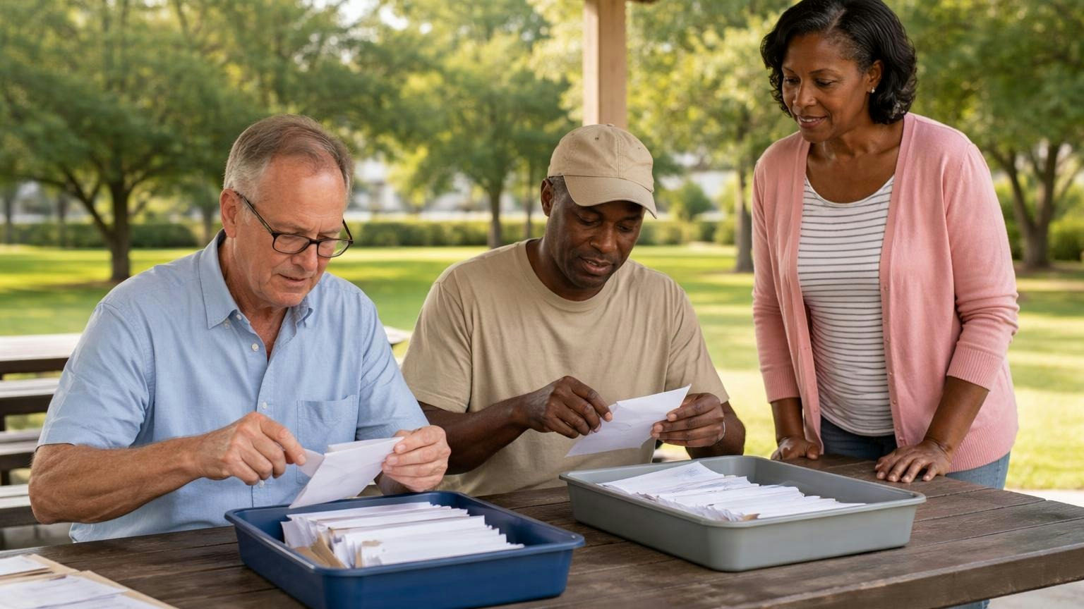 **Counted in the open.** Whatever the method, the count still has to be checkable. Two neighbors at a picnic table under a park pavilion opening returned envelopes with a letter opener and sorting them into two trays while a third neighbor looks on, late afternoon