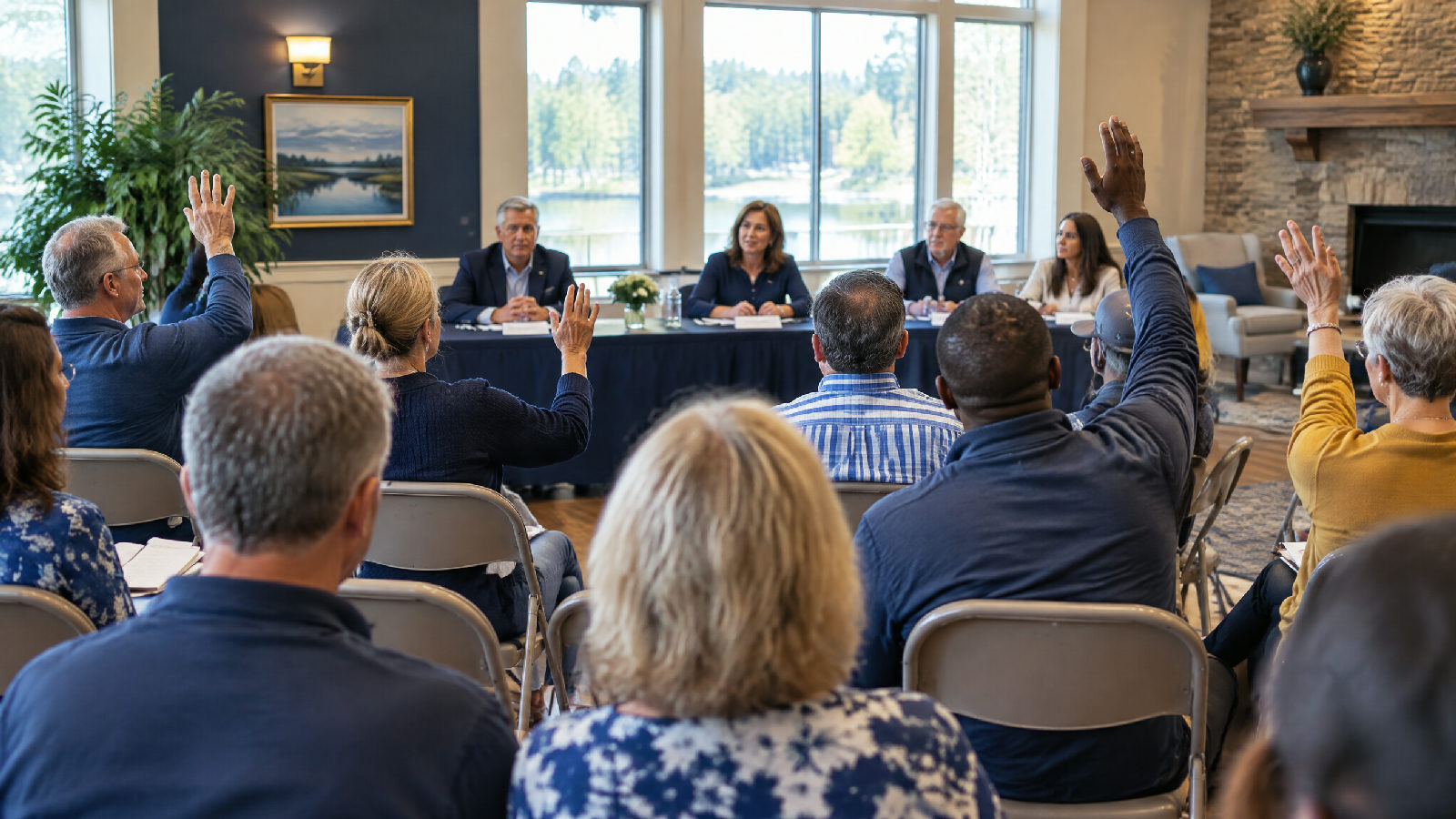 Residents raising their hands at a community meeting