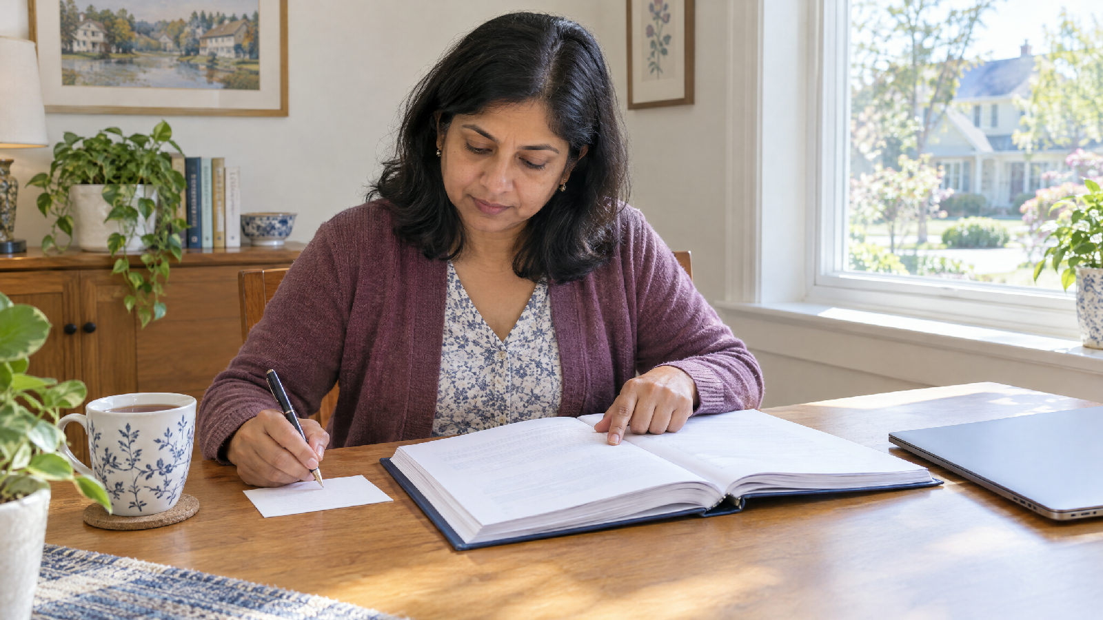 A treasurer at a sunny home desk running a finger along a passage in a thick bound document while writing on a small card