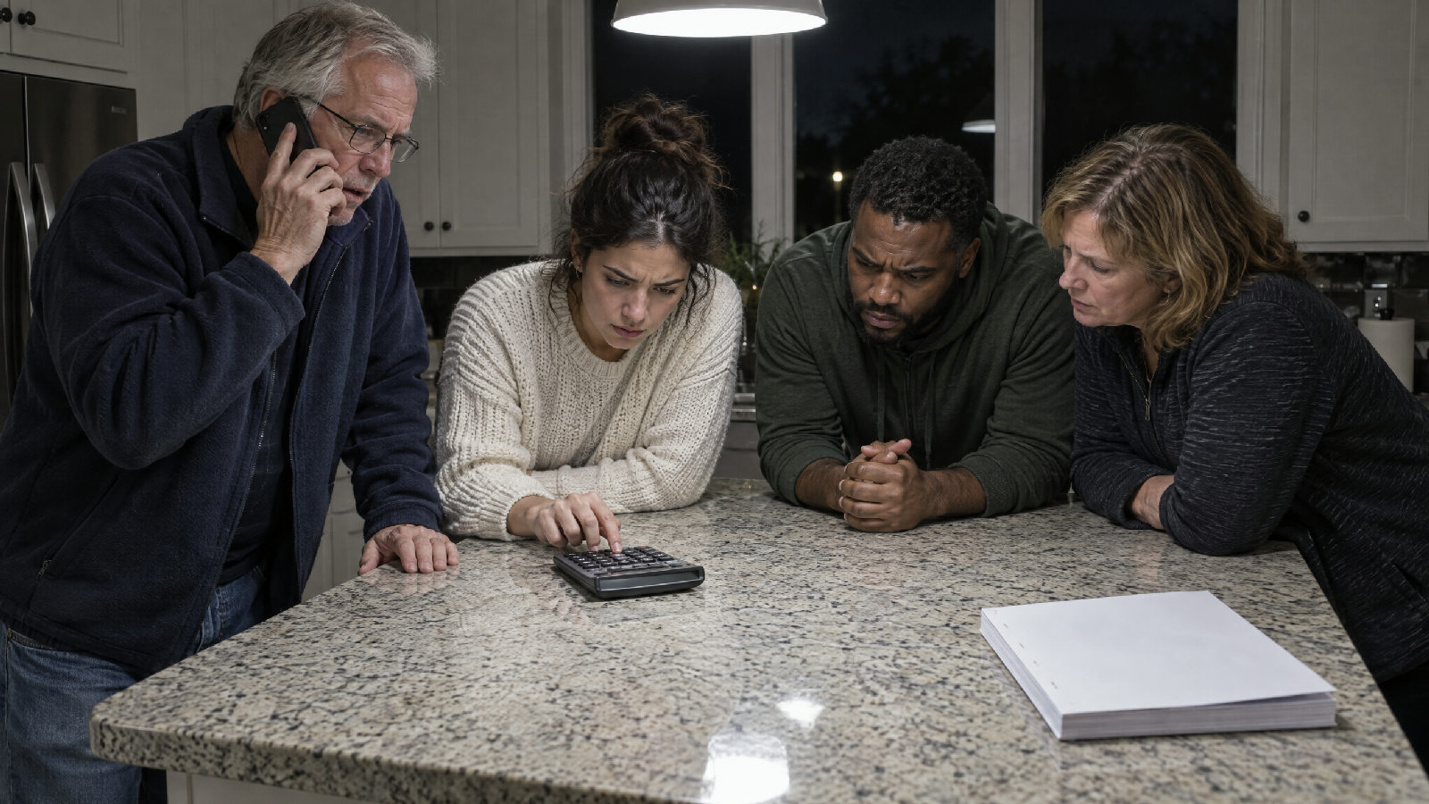 Four board members huddled around a kitchen island late at night, one on the phone, while a thick document sits closed at the counter's edge