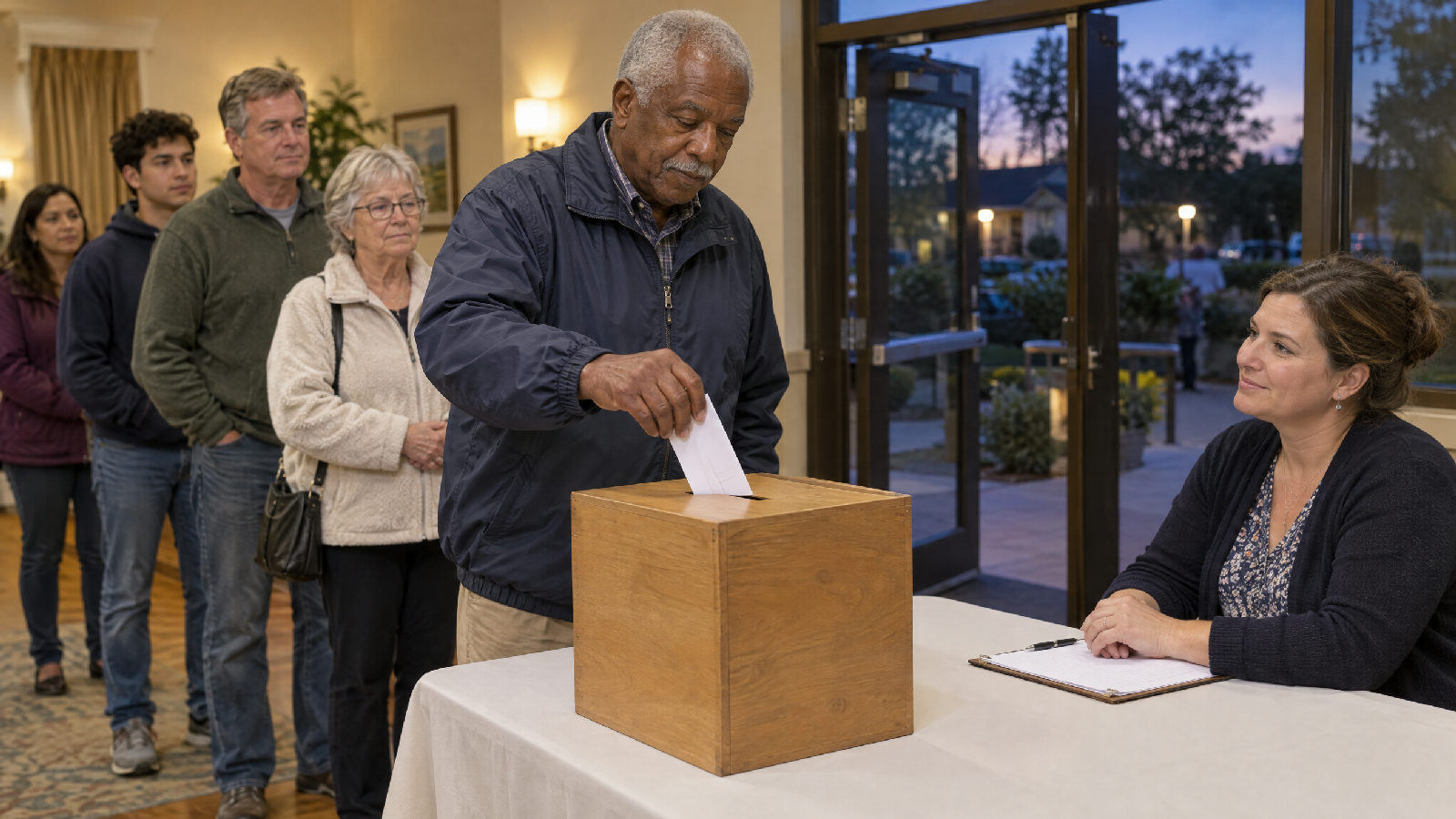 A homeowner dropping a folded ballot into a wooden ballot box at a clubhouse sign-in table while a board member watches and neighbours wait