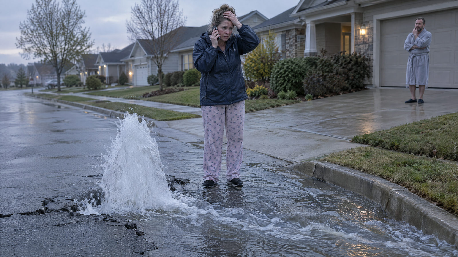 A board member on the phone at dawn beside water gushing from a broken main in the community's street while a neighbour watches