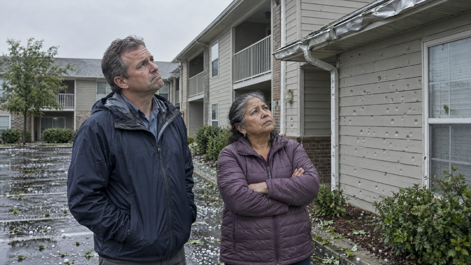 An insurance adjuster and a board member in a condo parking lot looking up at hail-dented gutters, hailstones scattered on the pavement