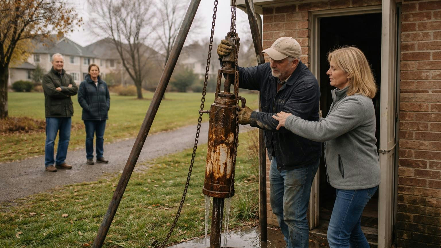 **Where the catch-up year starts.** Dues that are inherited, not priced, hold until something like this fails. A technician and a board member at a small brick pump house on a grey morning, hoisting an old corroded pump on a tripod chain hoist while neighbors watch from the path