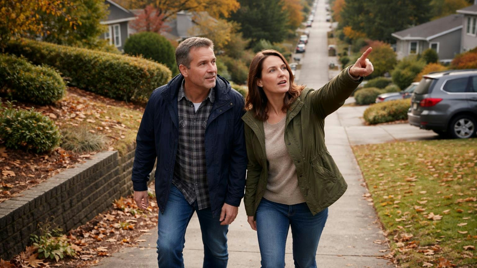 **The step you are allowed to take.** Under a cap, the size of the gap decides how many years it takes to close. Two board members walking up a steep neighborhood sidewalk on an overcast morning, one pointing up the hill ahead as they climb past front yards