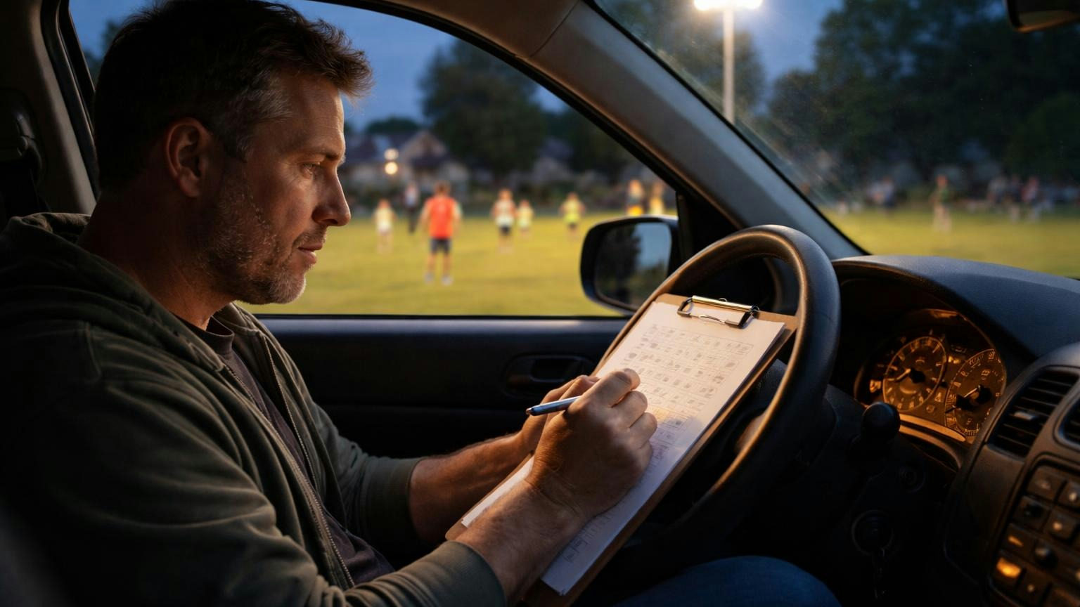 **One evening, six answers.** Every box left blank is a line someone else will price later. A board treasurer parked beside a youth soccer field at dusk, ticking a column of small empty squares on a clipboard propped on the steering wheel, kids practicing under the lights