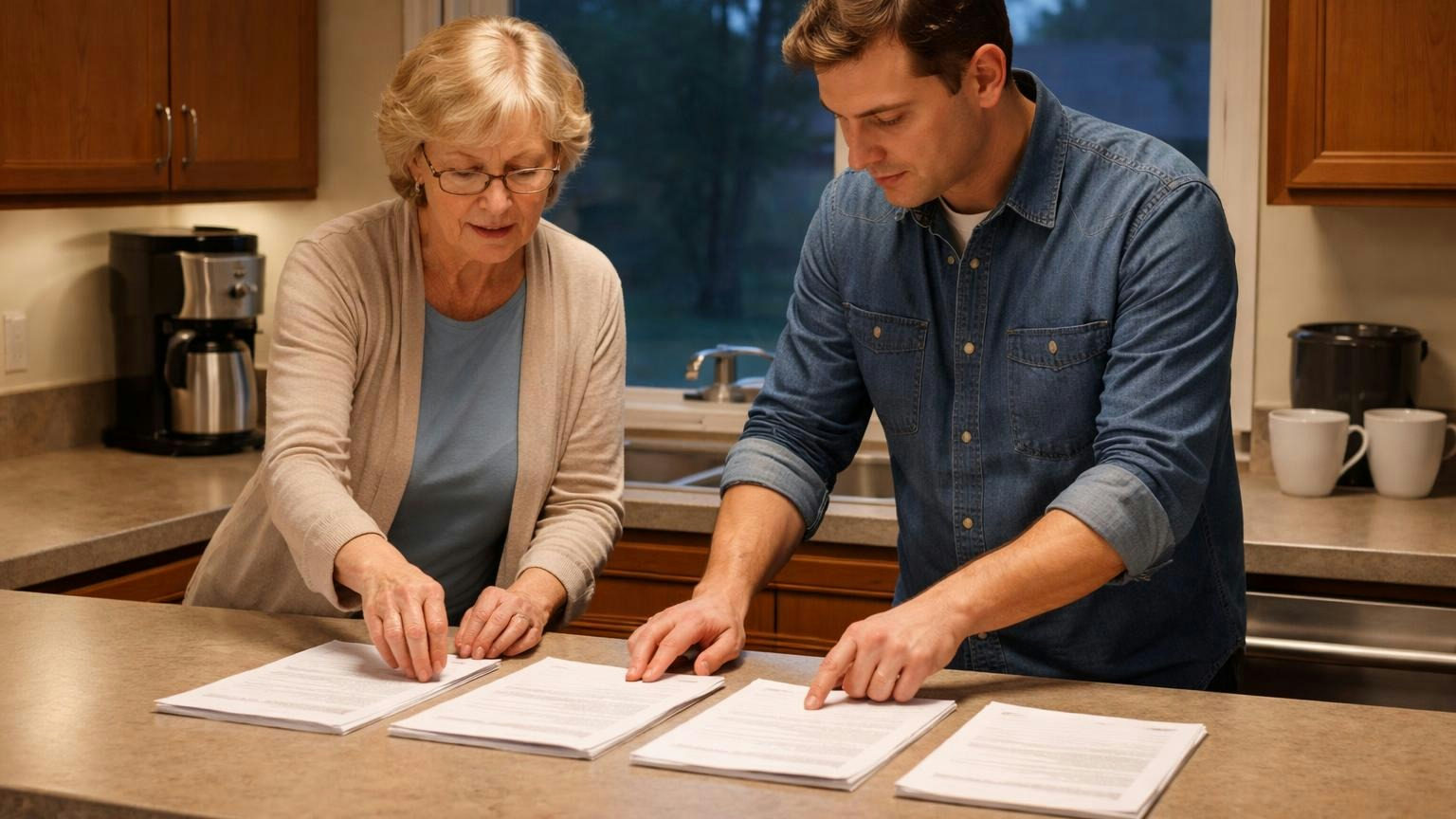 **Four lines, one page.** Owners can follow a number they can see built. A board treasurer at a clubhouse kitchenette counter on a weekday evening laying four short piles of paid bills side by side while a second board member counts along with one finger