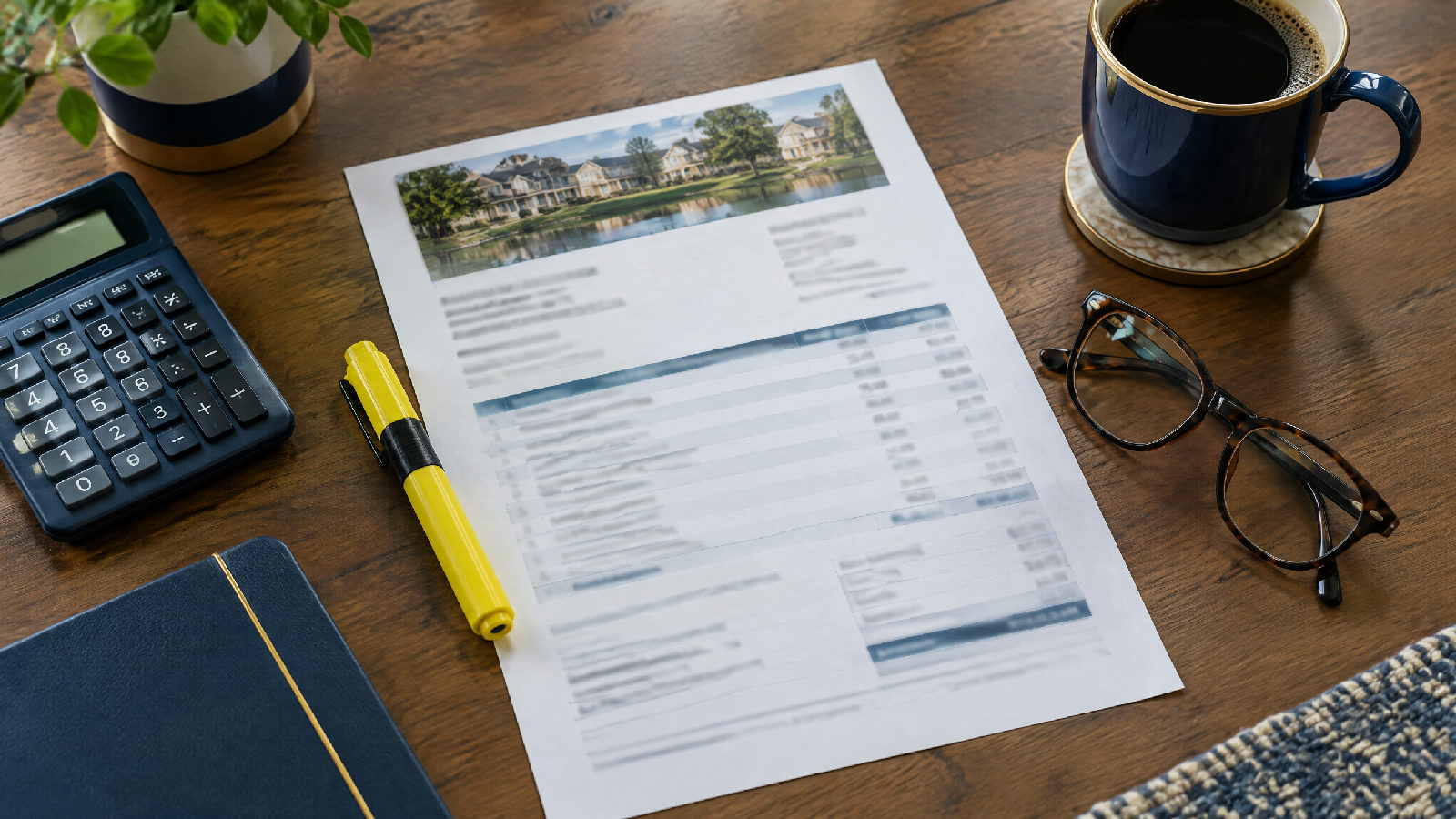 Overhead view of an invoice, highlighter, calculator and coffee on a wooden table