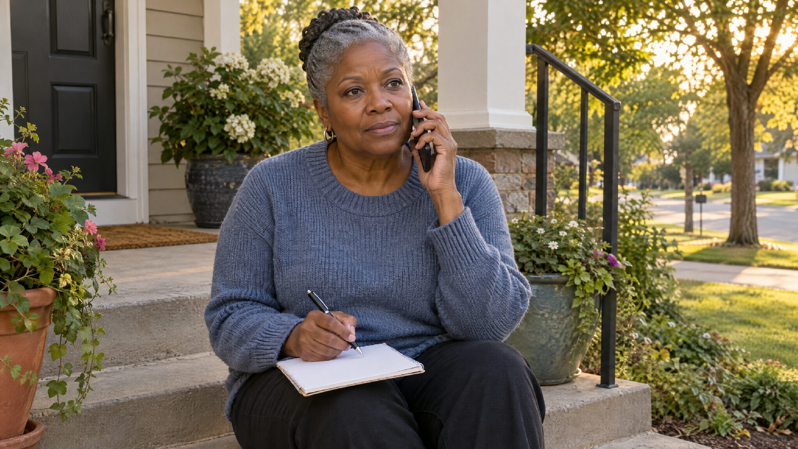 A board president on her front porch steps on a phone call, pen poised over a blank notepad on her knee