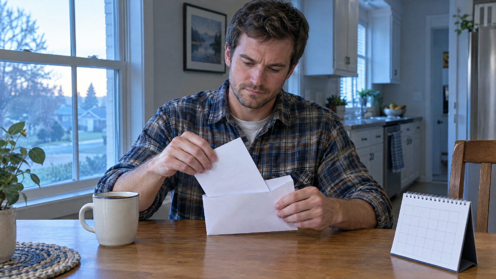 A board member at a kitchen table early in the morning sliding a folded letter into a plain envelope beside a small desk calendar