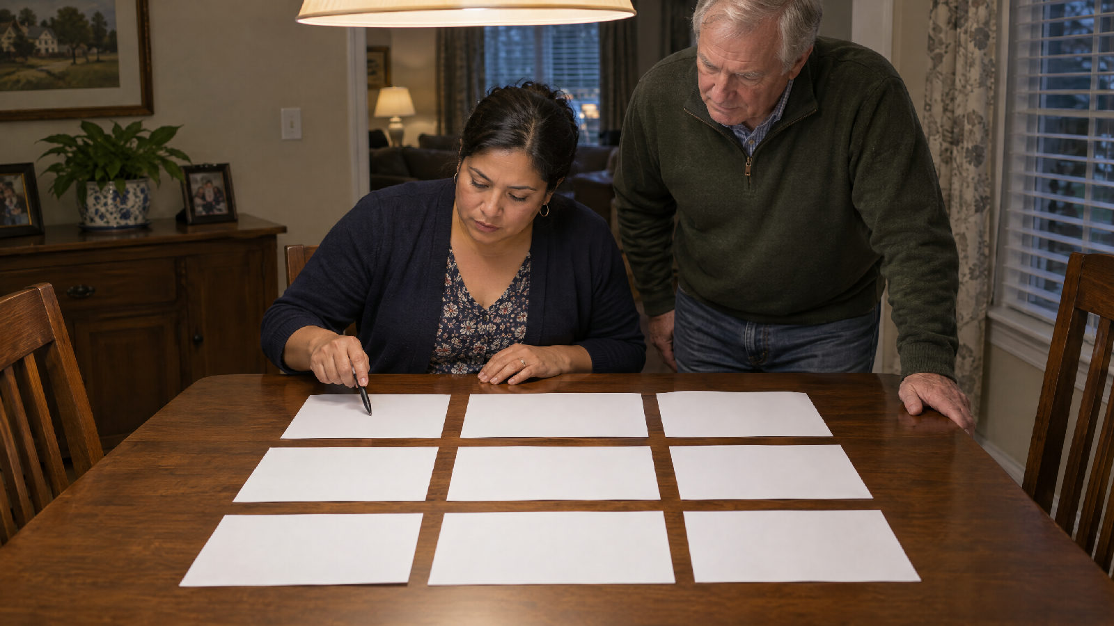 A treasurer counting along a grid of twelve single-page statements laid out on a dining table while another board member watches
