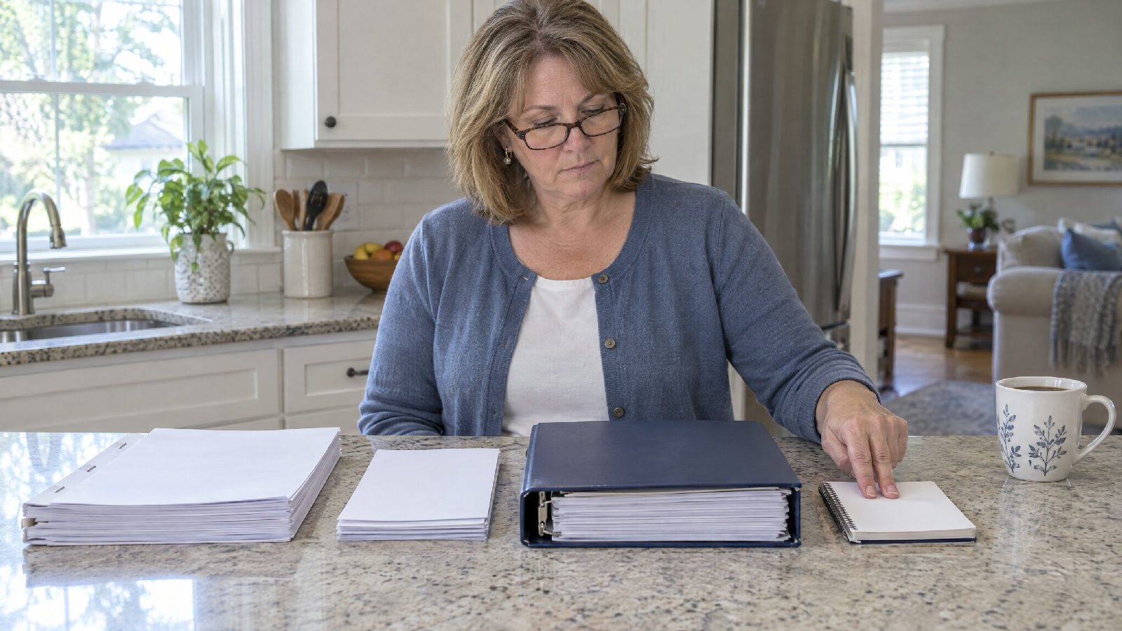 A board secretary at a kitchen counter counting off four piles of paperwork set out in a row: an agreement, invoices, a binder of minutes and a notebook