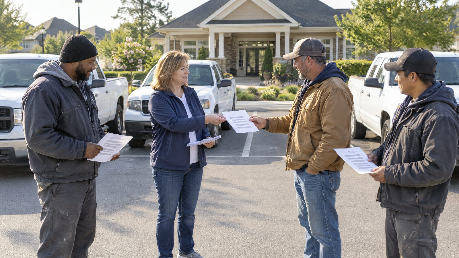 A board member handing an identical single sheet to each of three contractors standing beside plain white pickup trucks in a community clubhouse lot on a bright morning