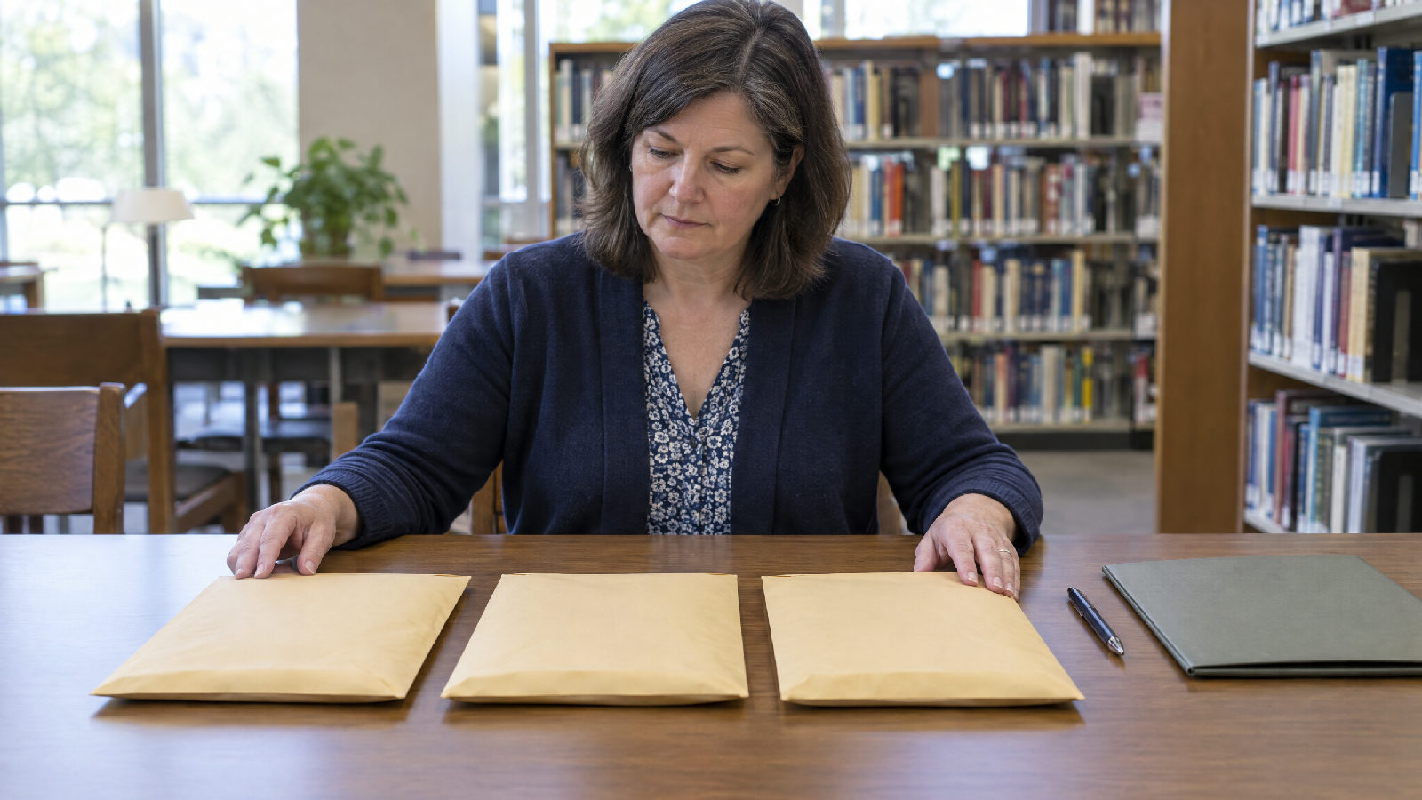 A board treasurer at a public library table on a quiet weekday afternoon laying three thick sealed envelopes side by side, a pen and a closed folder beside them