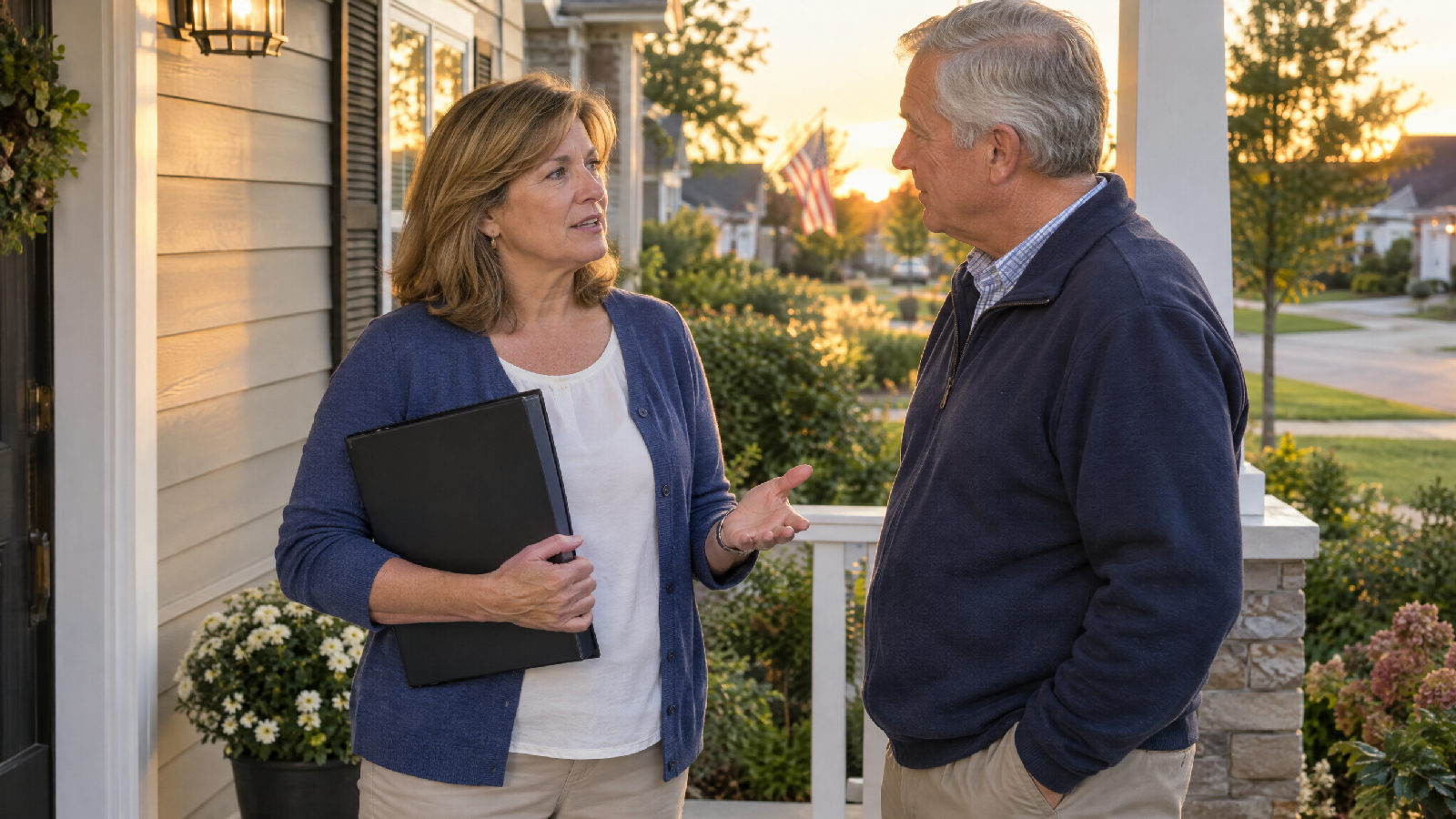 A board treasurer and the board president talking on a front porch in early evening, the treasurer holding a closed budget binder against her hip while the president listens